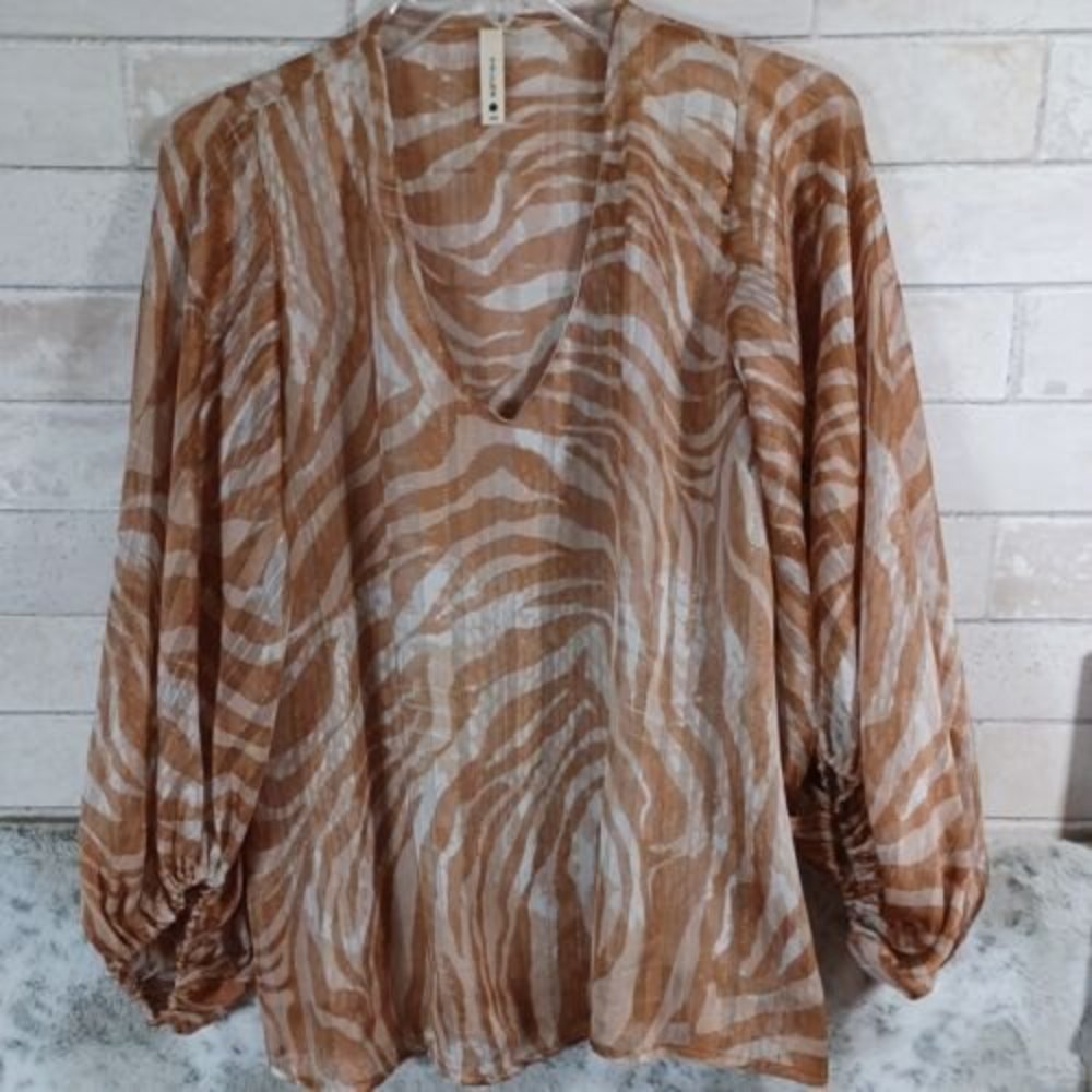Tyche Ladies Sheer Blouse Zebra Mocha S Puff Sleeves